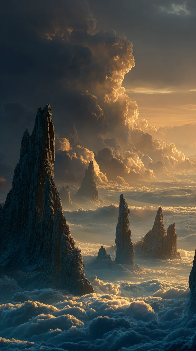 Paisagem Fantástica Surreal com Montanhas Invertidas e Nuvens