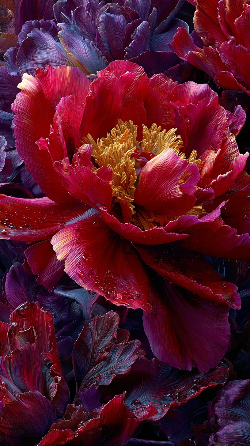 Garota surreal com núcleo fractal entre flores luminosas