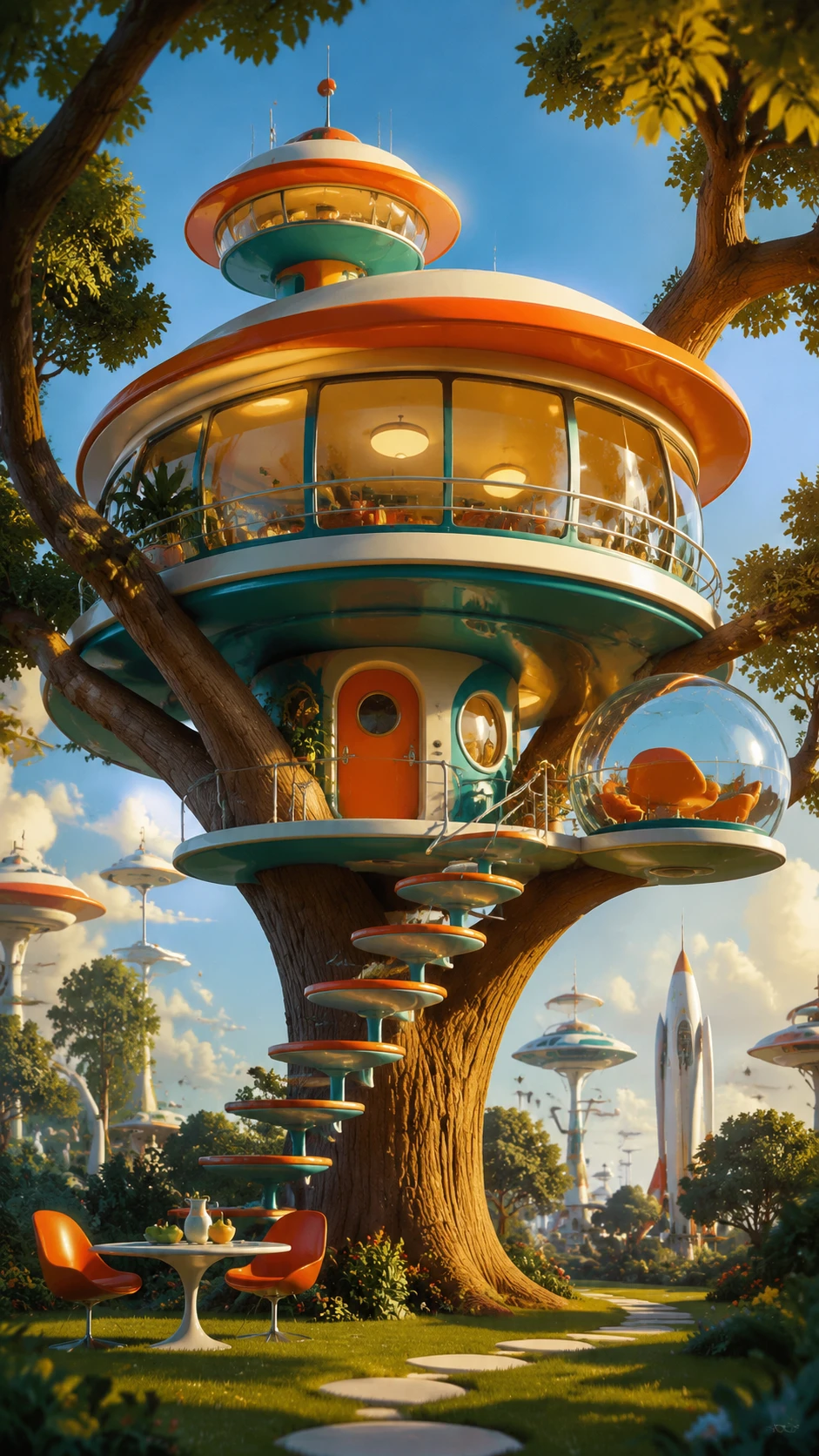 Casa na árvore futurista e arredondada em um ousado cenário da era espacial