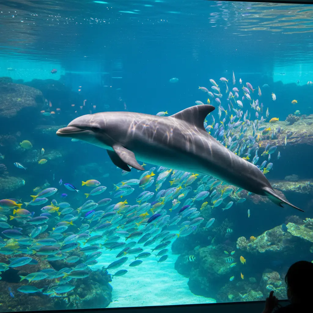 澄んだ水族館で魚と泳ぐ優雅なイルカ