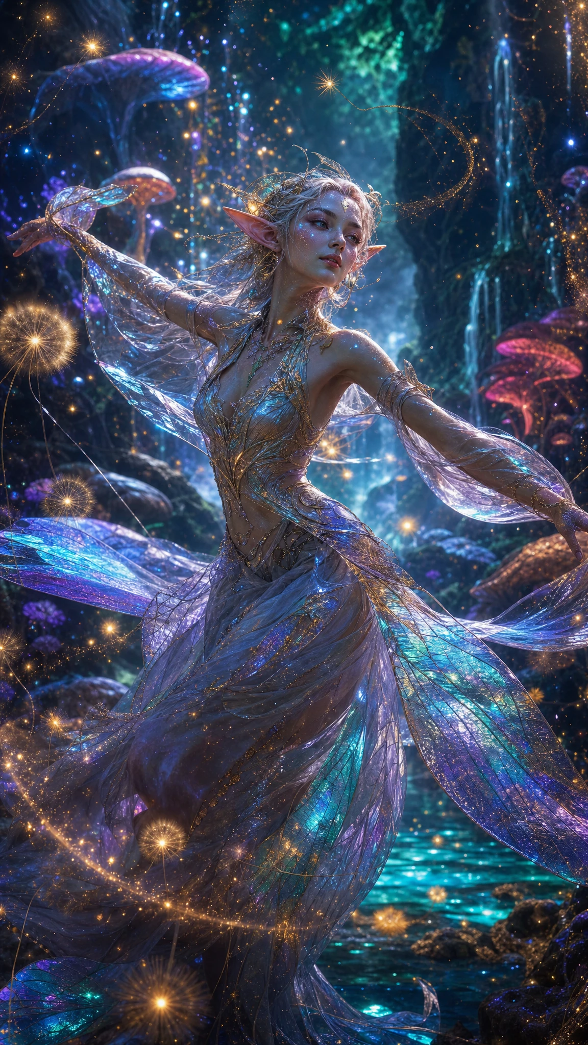 Elfa celestial da floresta dançando em uma antiga mata luminosa