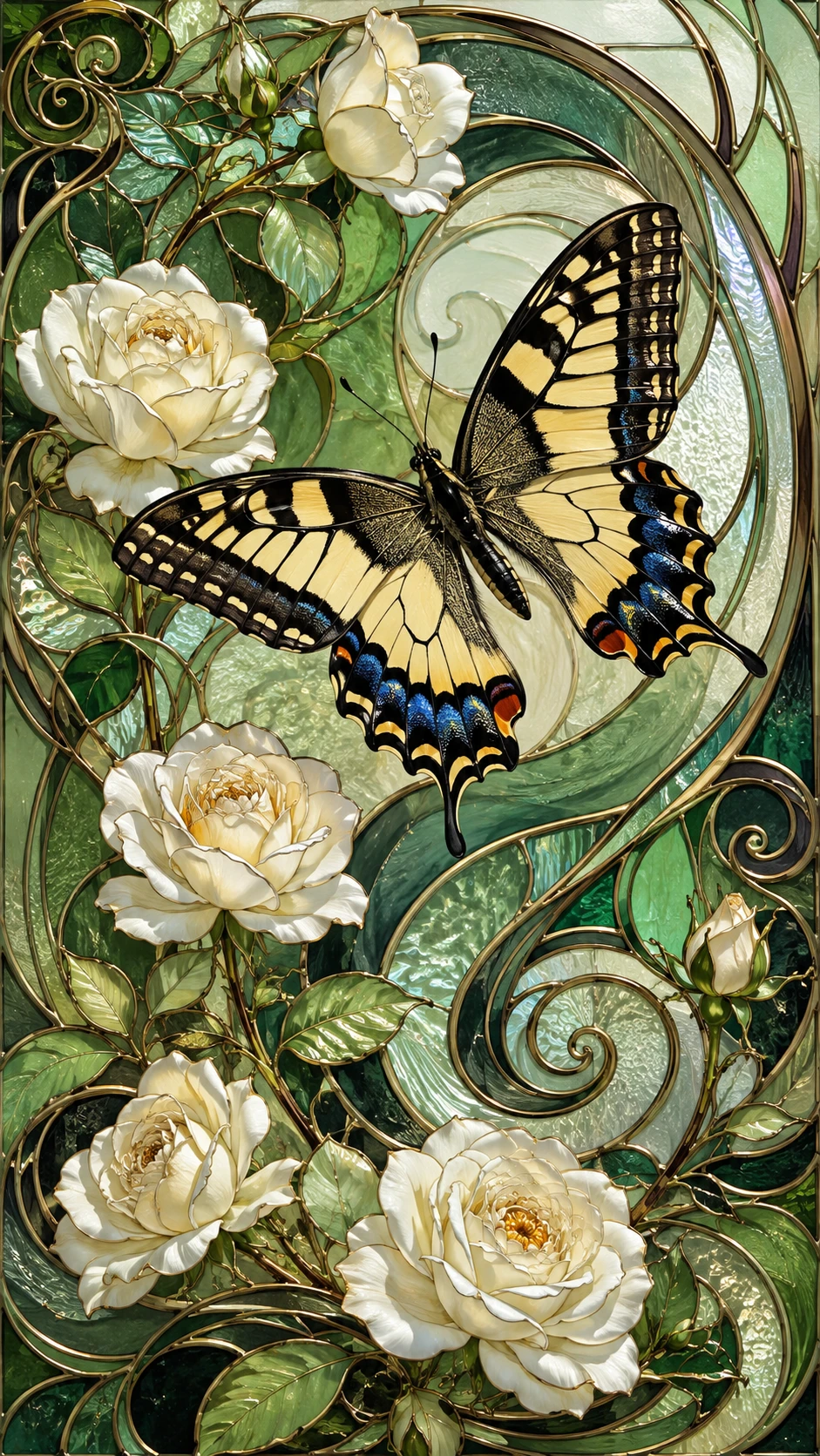 Borboleta Art Nouveau com rosas brancas sobre fundo de vidro