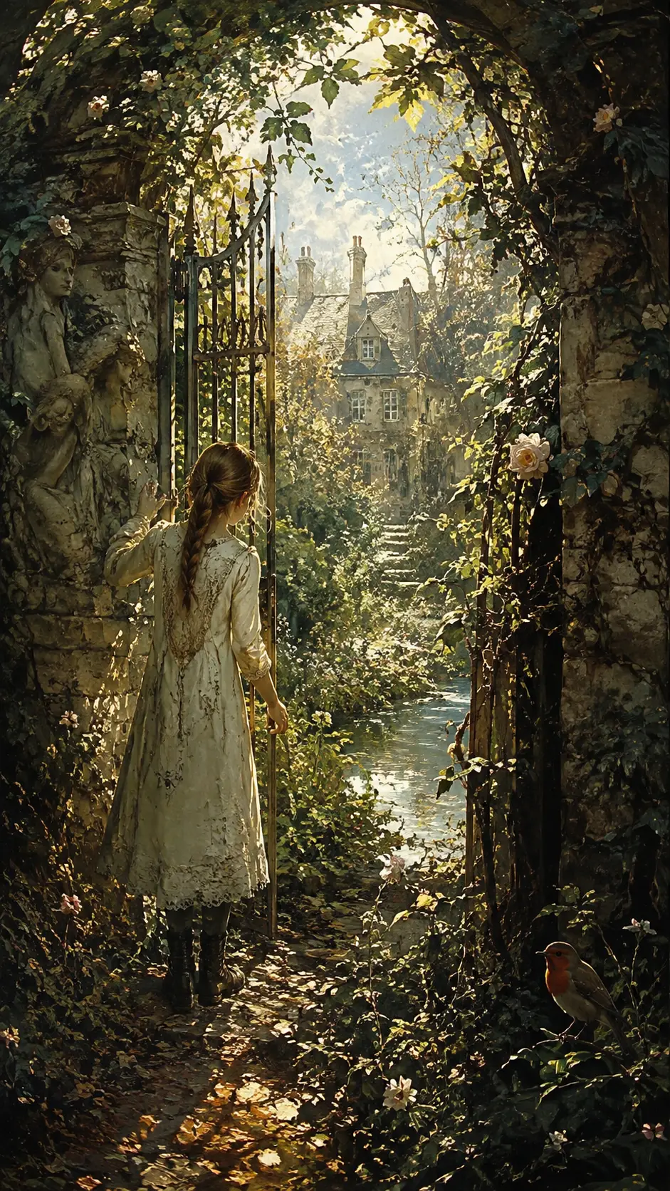 Enchanted forgotten garden glowing with mysterious sunlight