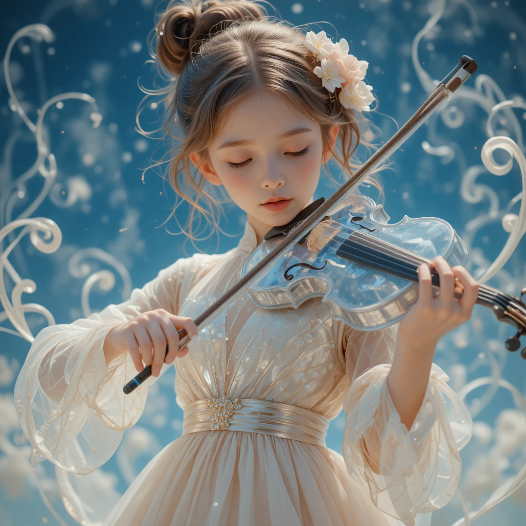 Garota jovem com violino de vidro sob um céu azul estrelado
