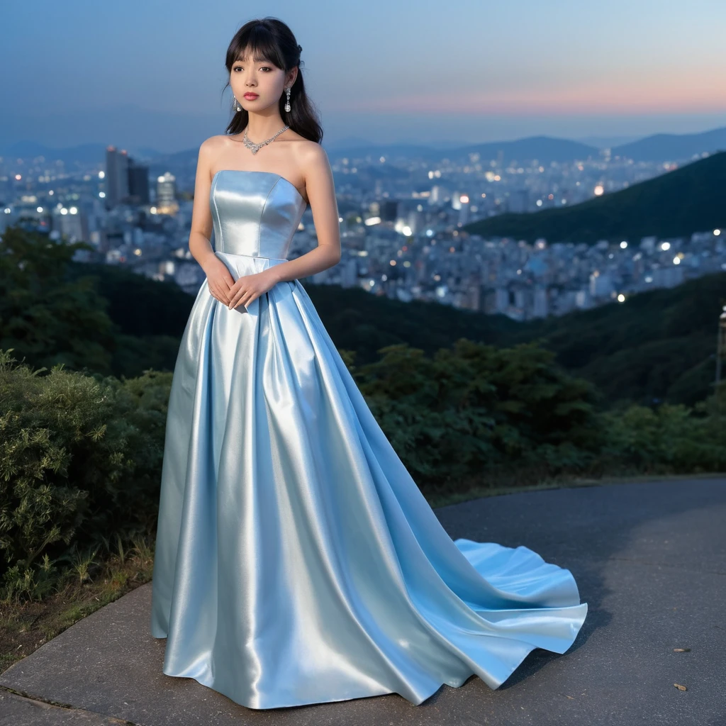 Garota elegante em vestido de cetim azul em uma encosta à noite