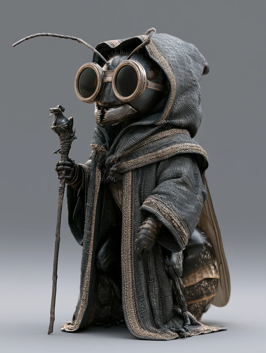 Sorcier fourmi anthropomorphe en cape avec bâton magique