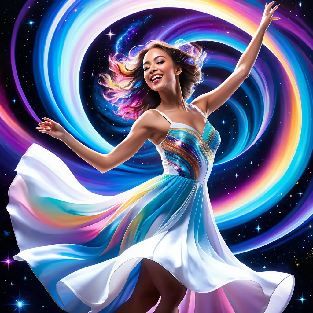 Femme dansant en robe blanche au cœur d’une galaxie spirale lumineuse
