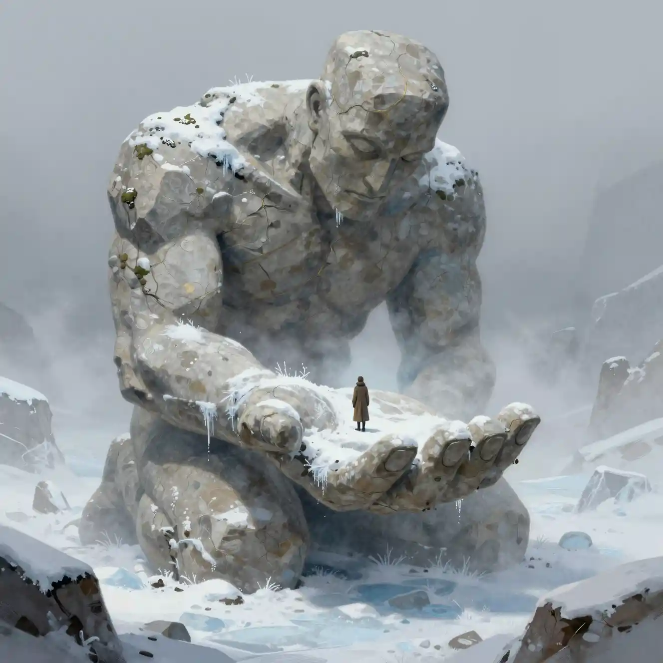 Piccolo viaggiatore sulla mano di un antico colosso di pietra