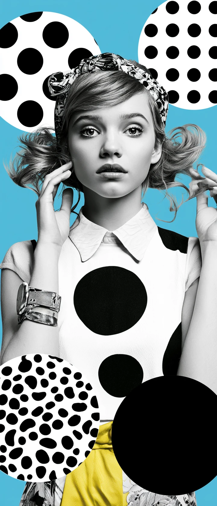 Mulher pop art com fundo azul de colagem abstrata