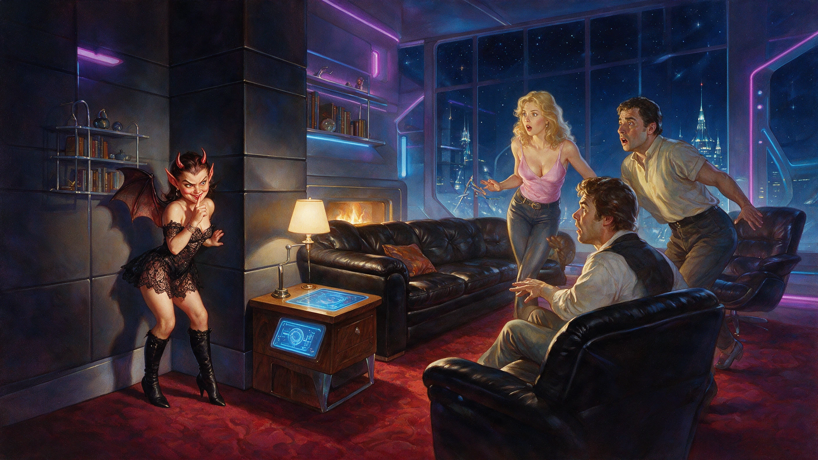 Tiny impish she devil in boots in a corner room
