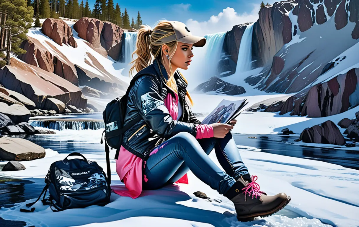 Blonde Frau skizziert an einem stillen Waldbach