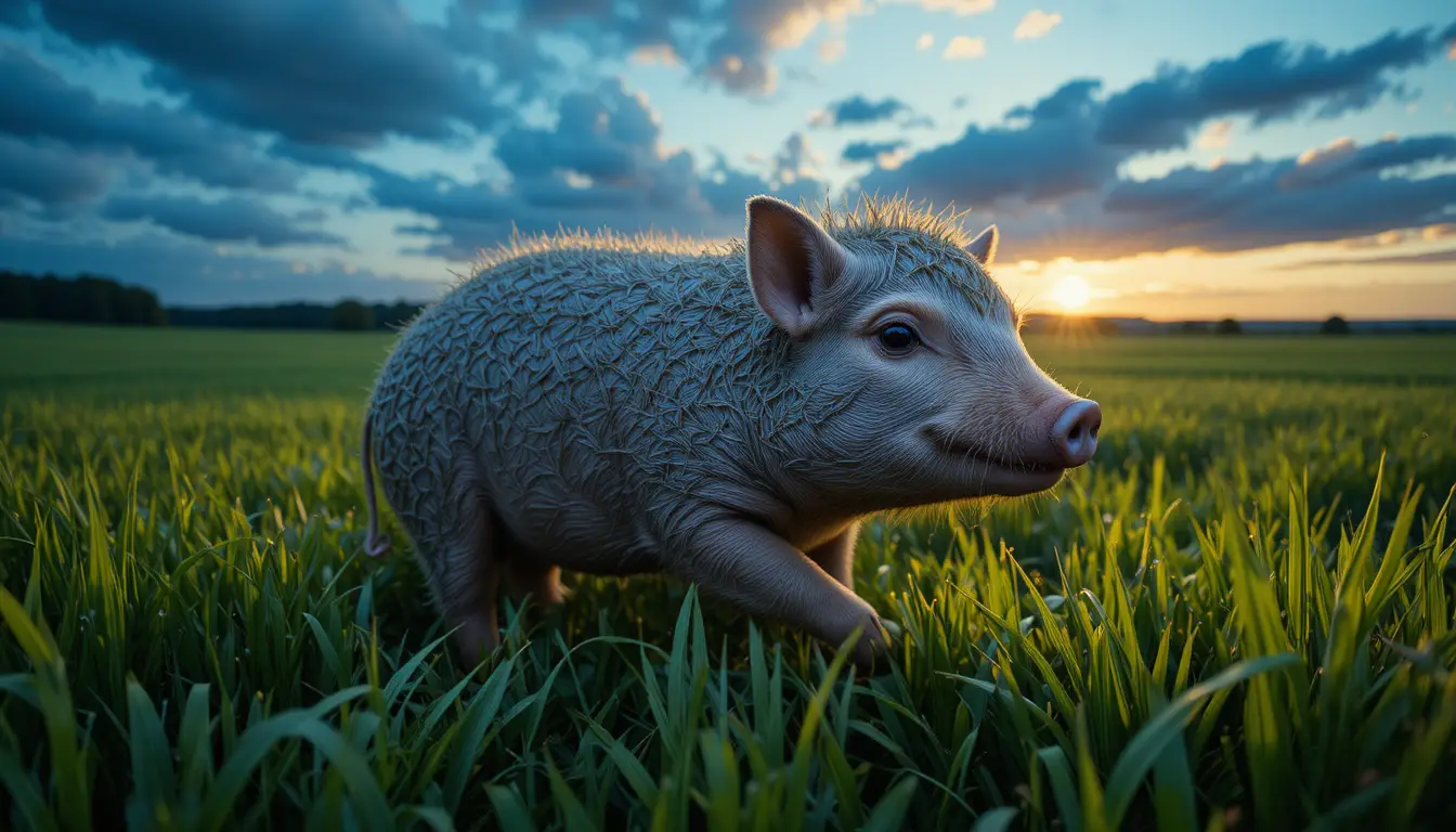 Close up portrait of a dark gray pig in a meadow