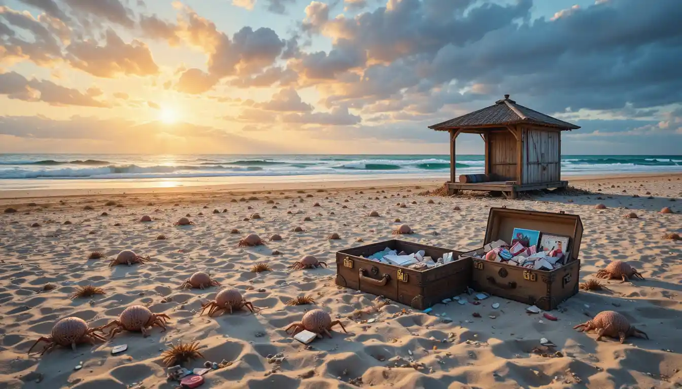Equipaje abandonado en una playa desierta al atardecer de verano