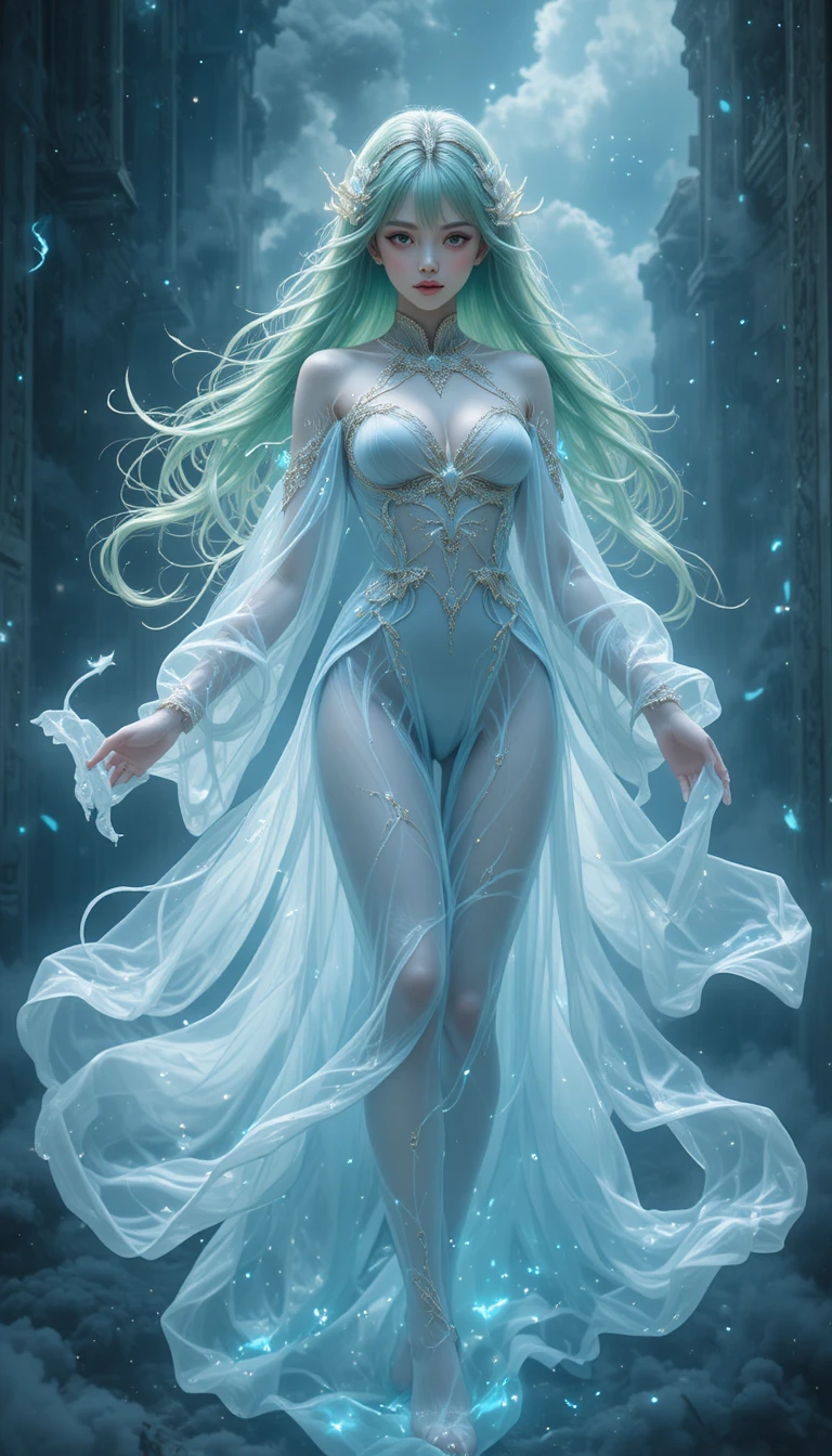 Garota fantasma de anime etérea flutuando em uma aura enevoada
