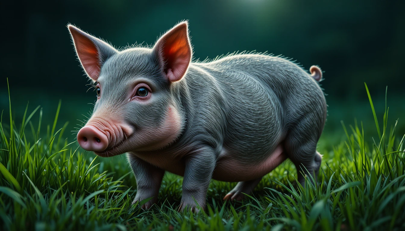 Retrato em close de um pequeno porco cinza em um prado verde