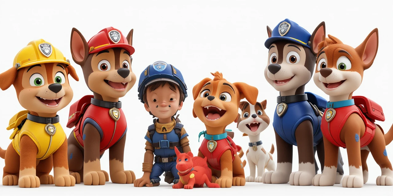 Niños de rescate y perros de dibujos animados rodean a un diminuto dinosaurio rojo