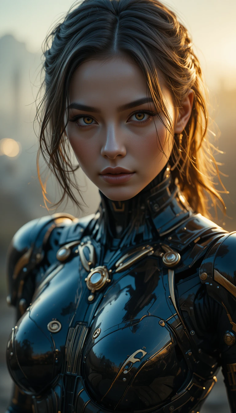 Retrato cinematográfico de uma androide feminina em armadura preta e dourada