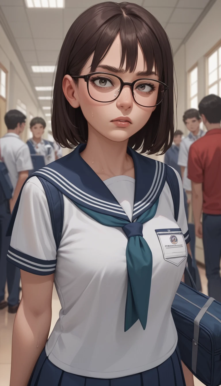 붐비는 학교 복도에 서 있는 젊은 여교사