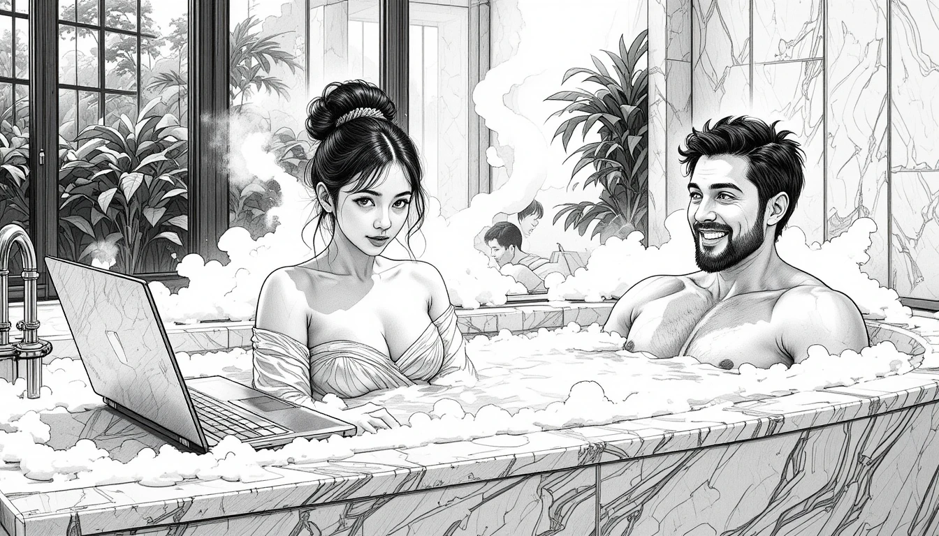 Junge Frau arbeitet am Laptop in einer schaumigen Spa-Badewanne