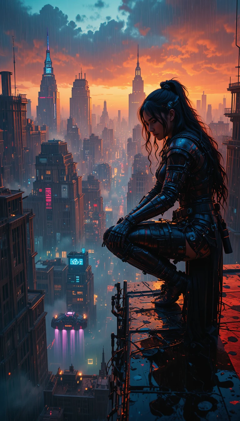 Guerriera su tetto al neon sopra città steampunk