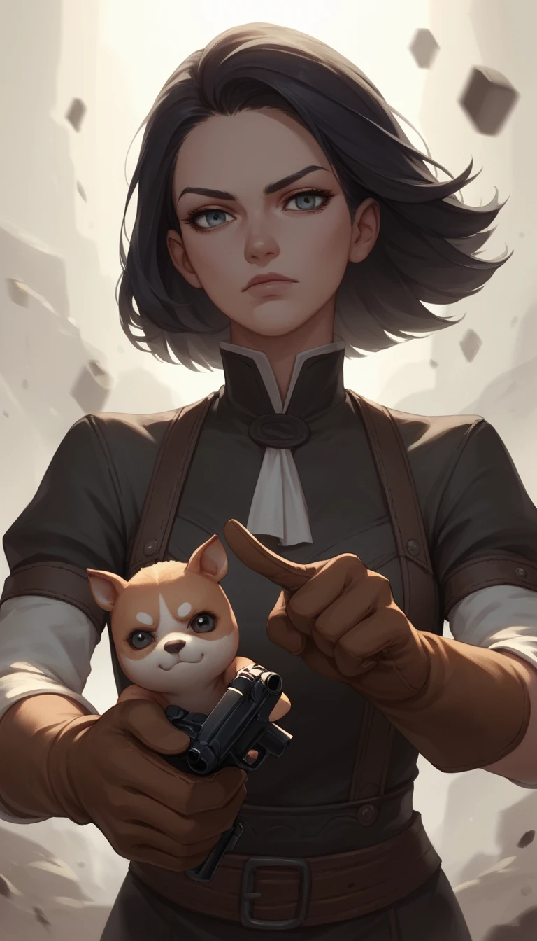Cowgirl de anime apontando um revólver Colt para o observador