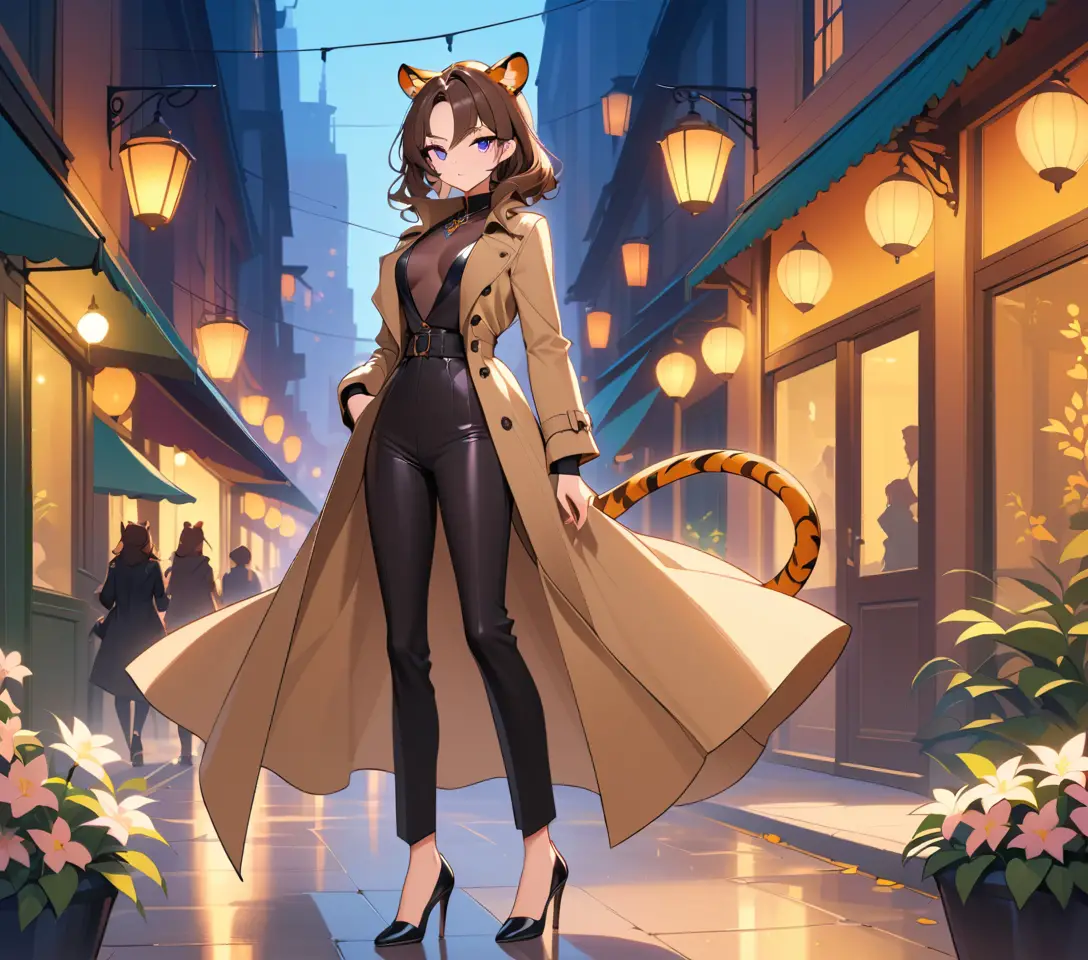 戴著老虎耳朵的自信女子夜間城市漫步