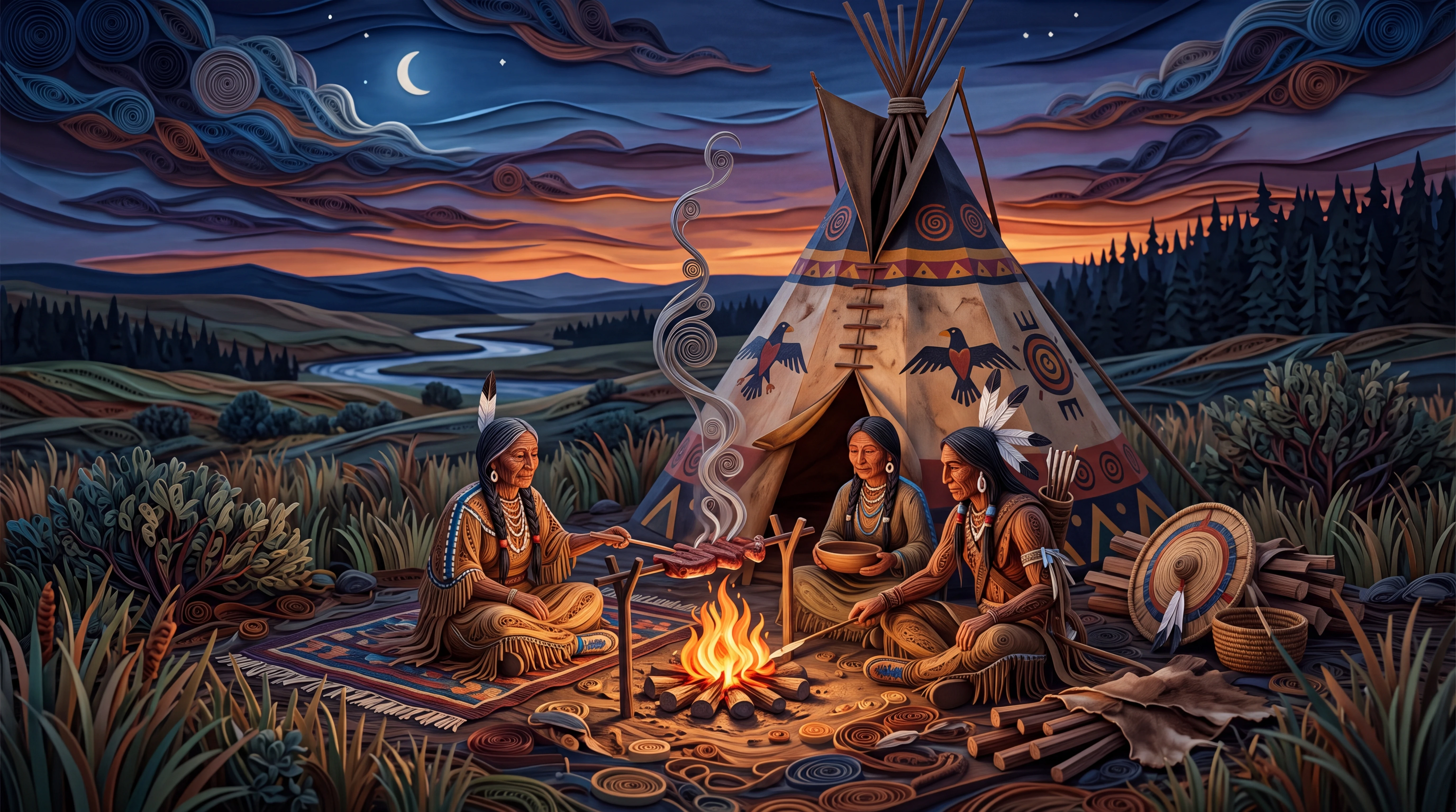 Peuple Blackfoot cuisinant près d’un tipi sur les plaines au crépuscule