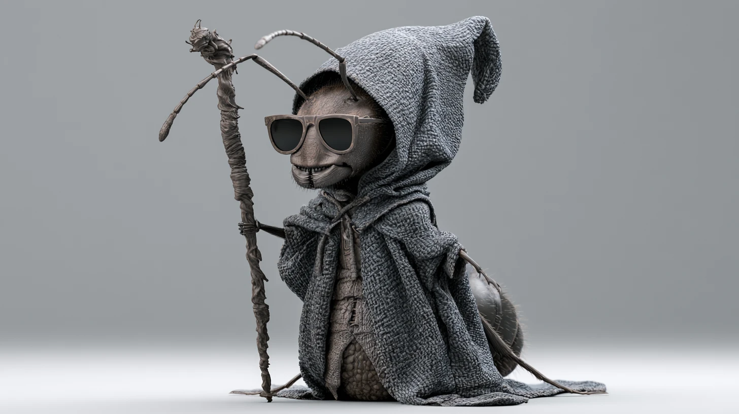 Sage magicien humanoïde fourmi en cape avec bâton et lunettes