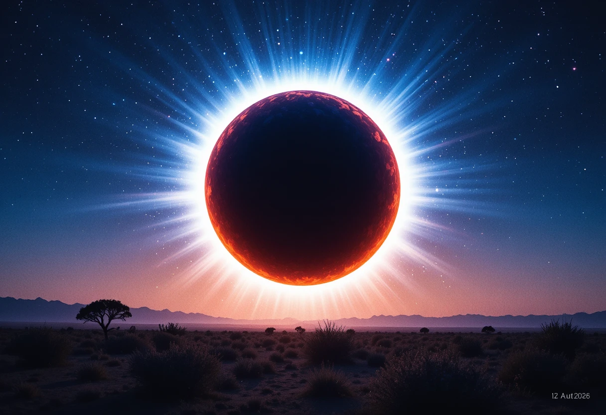 Eclipse solar total con corona brillante sobre paisaje oscuro