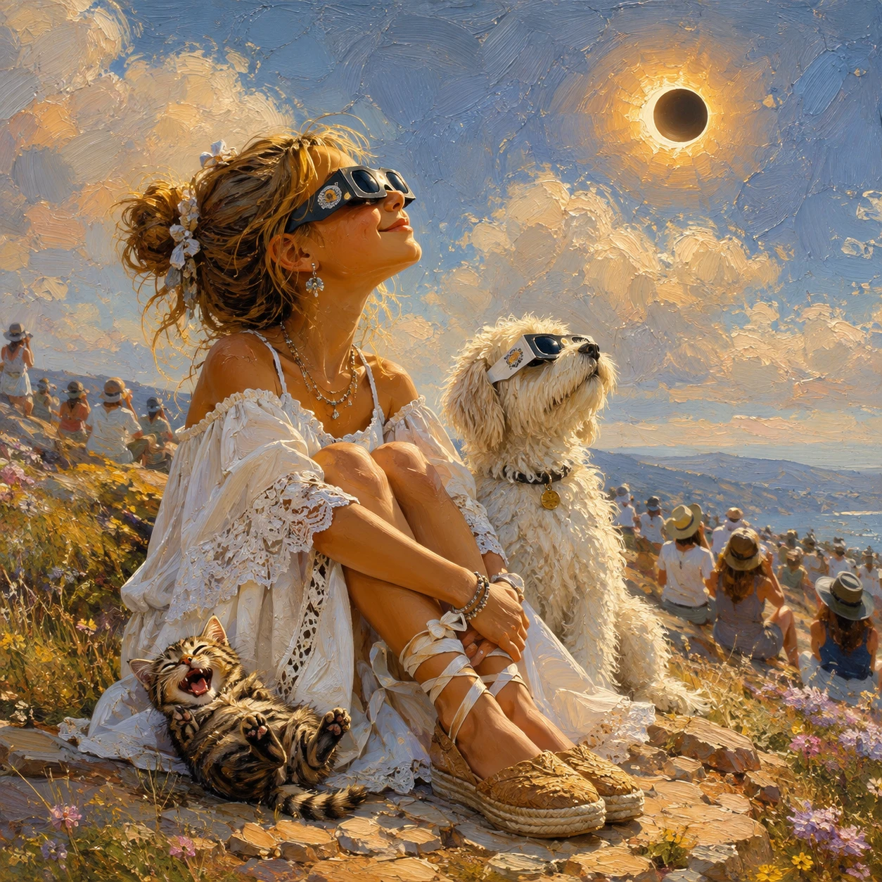 Garota e pets observando um eclipse solar em uma colina
