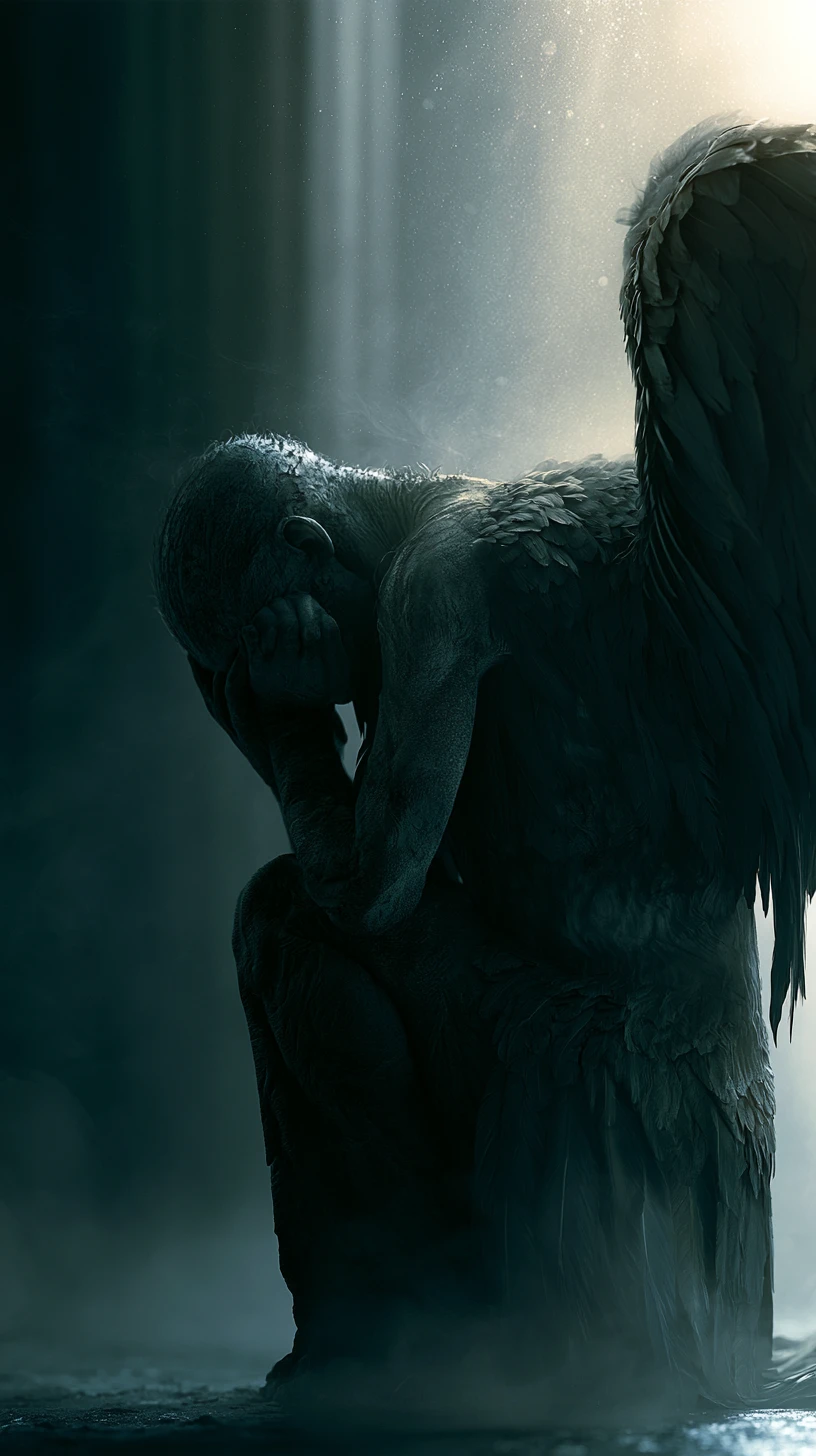 Close surreal de um anjo caído em luz enevoada