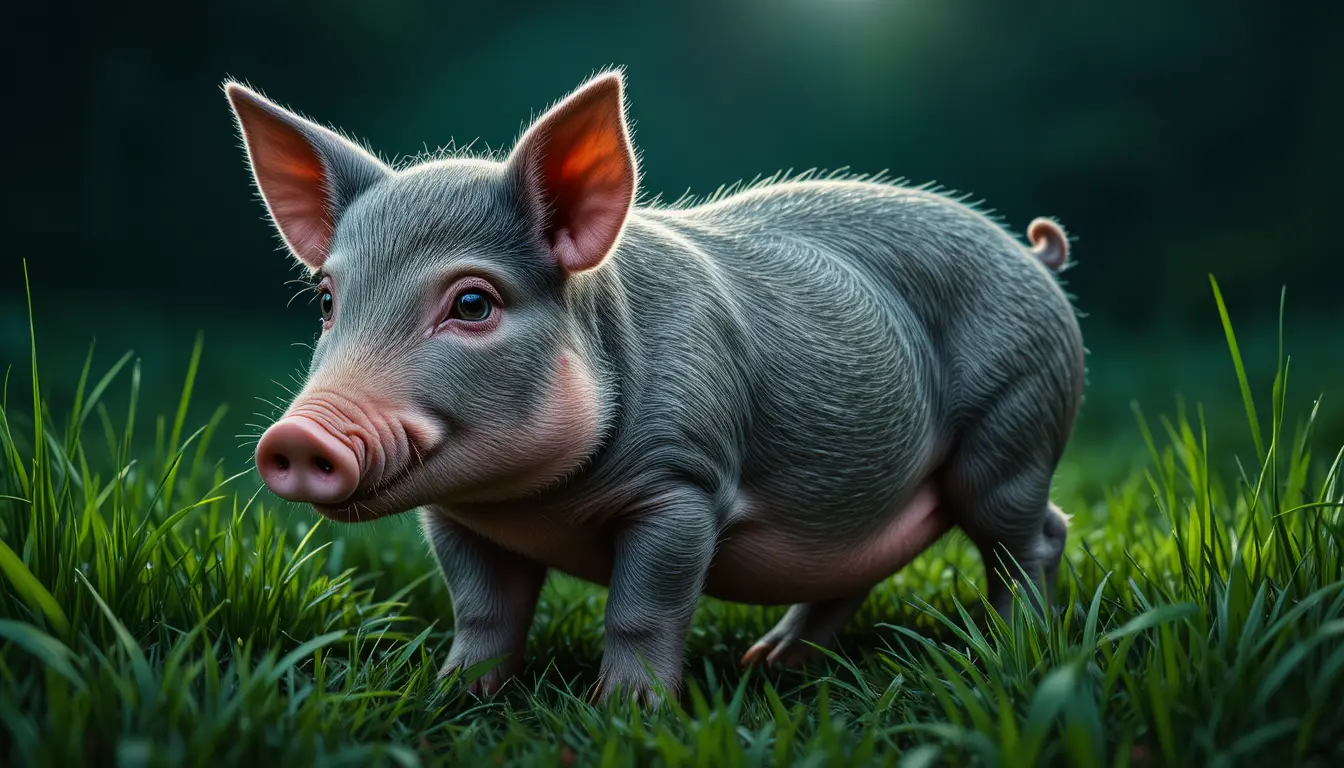Close up portrait of a small gray pig in green meadow
