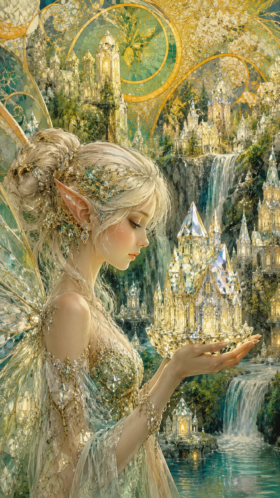 Gros plan sur des maisons fantastiques en forme de diamants lumineux