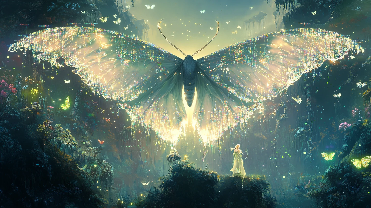 Cena macro de mariposa-lua tecida com dados e símbolos luminosos
