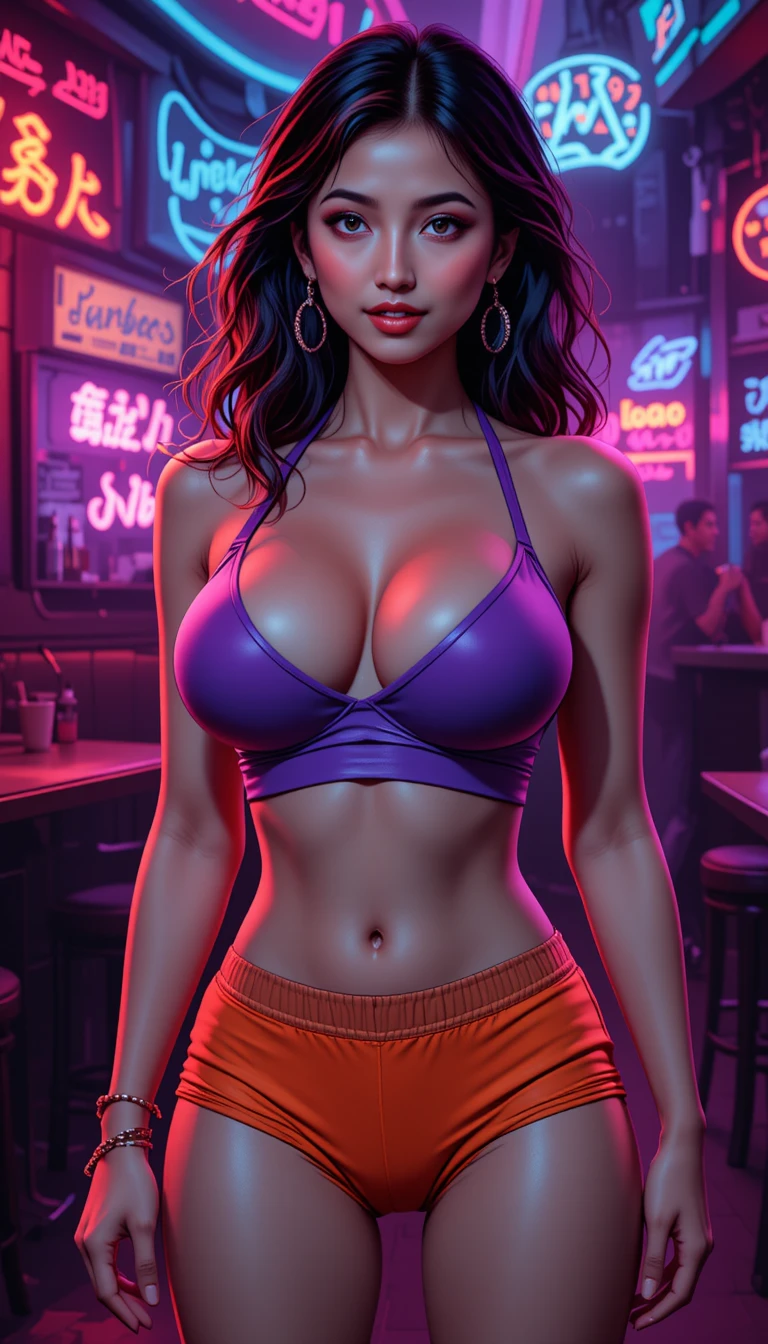 Femme manga néon dans un club de strip-tease aux courbes généreuses