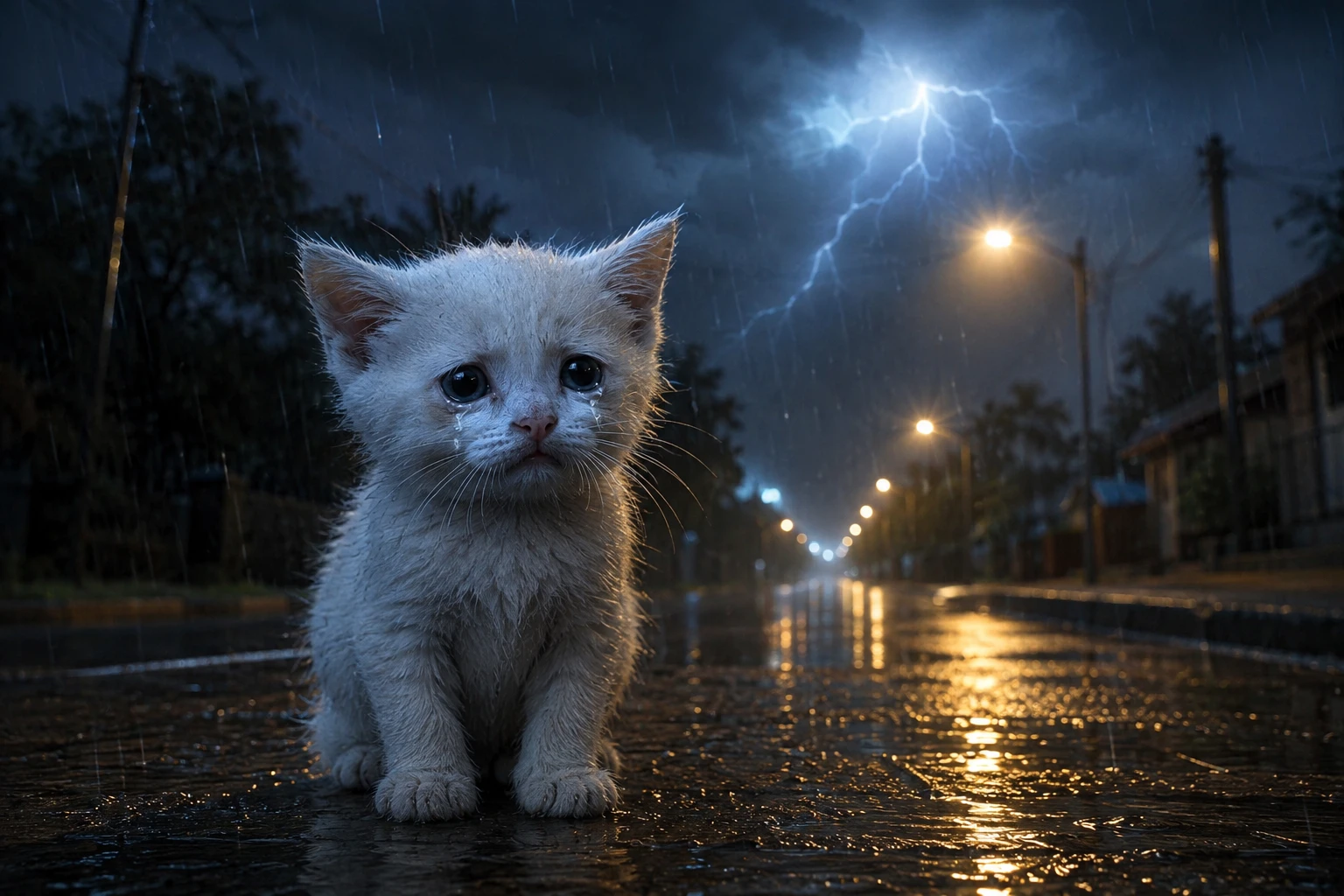 Weiße Katze auf einer regnerischen Nachtstraße im sanften gelben Licht