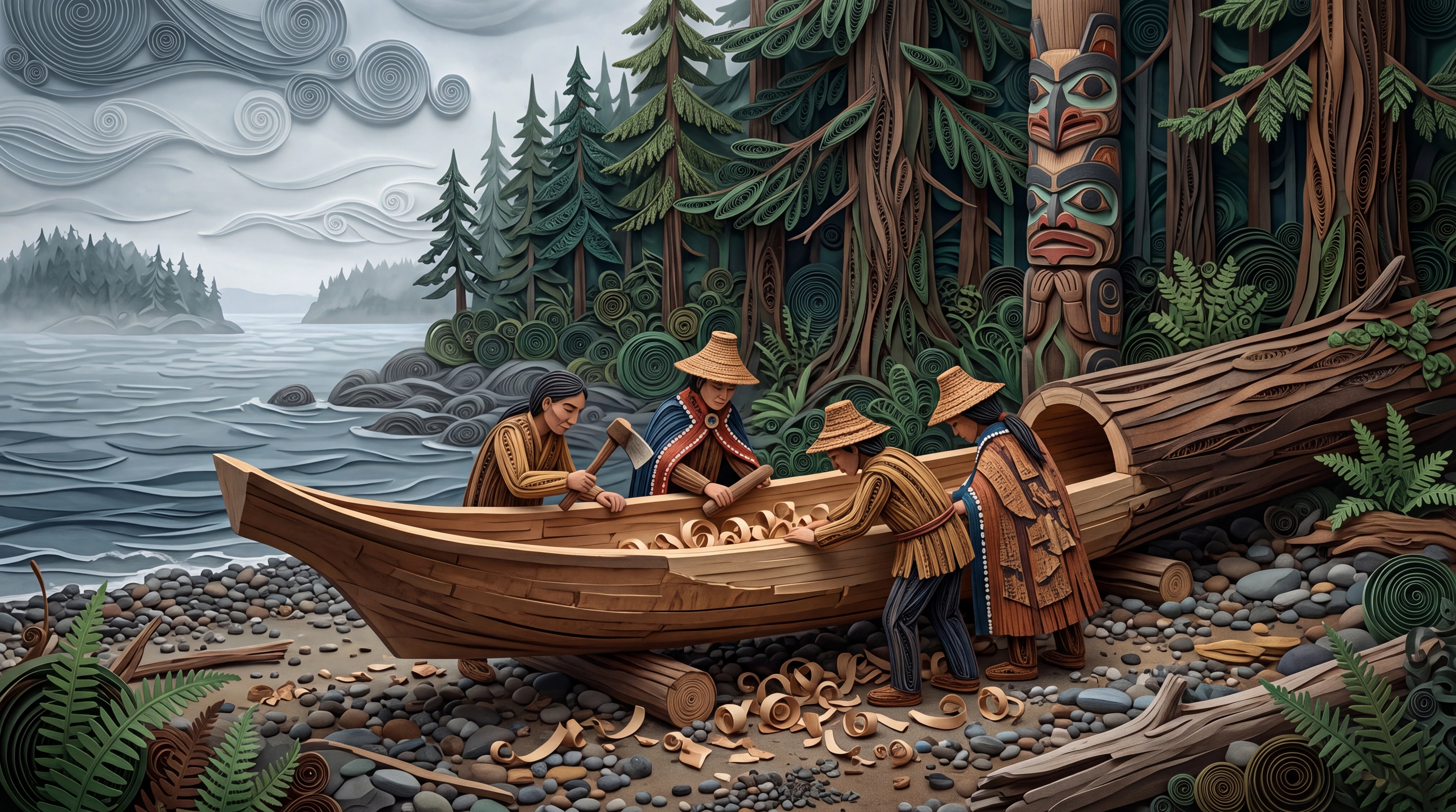 Haida beim Schnitzen eines Zedernkanus an einem Waldstrand