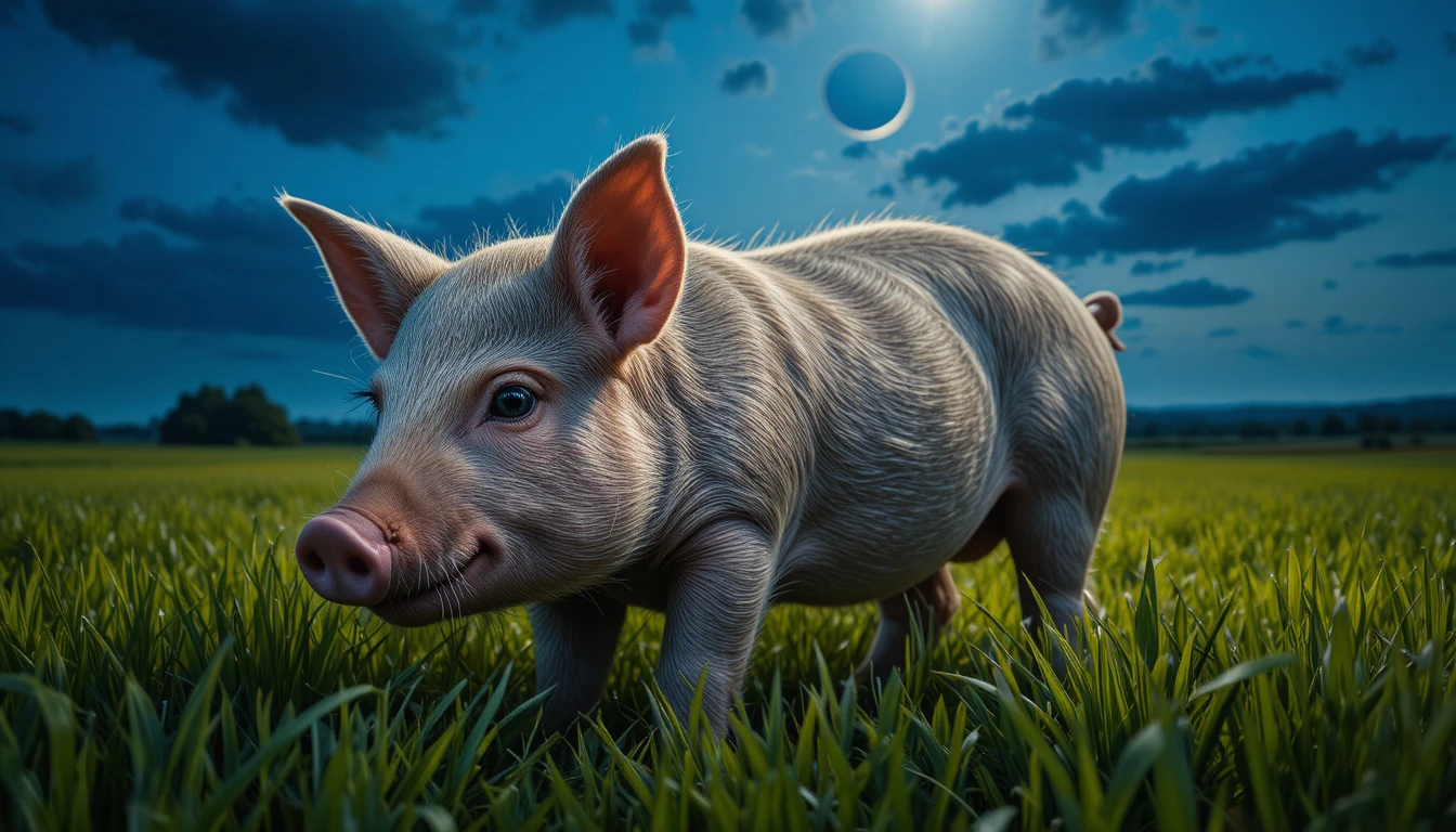 Retrato em close de um porco cinza-escuro em um prado verde