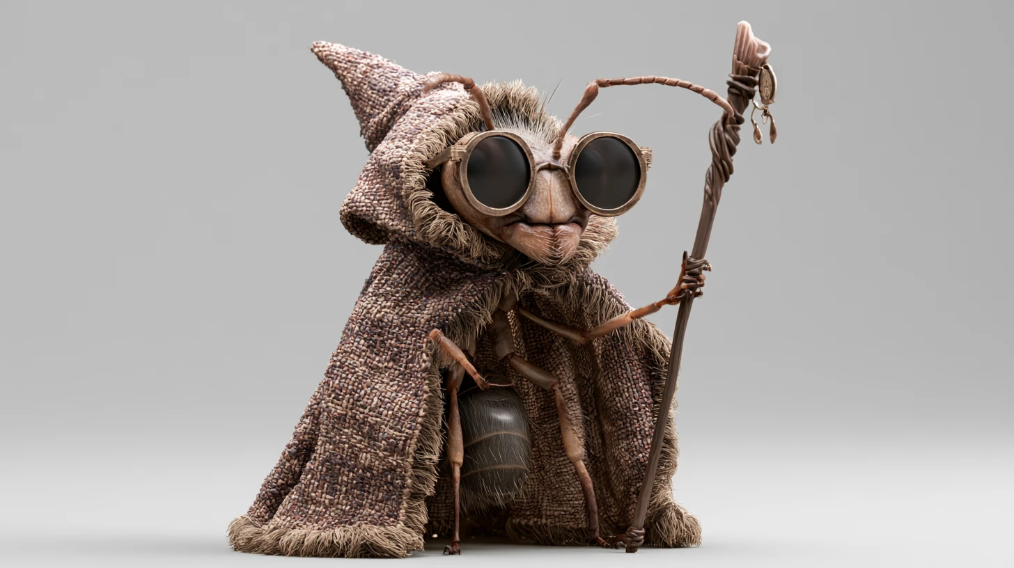 Sorcier fourmi anthropomorphe en manteau avec bâton et lunettes de soleil