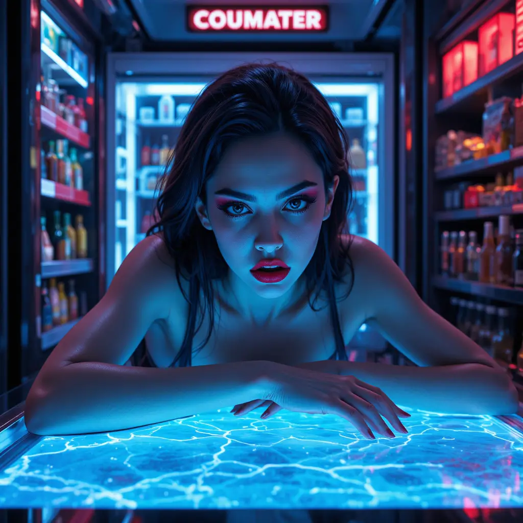 戲劇光影下冰箱旁憤怒的科幻女子