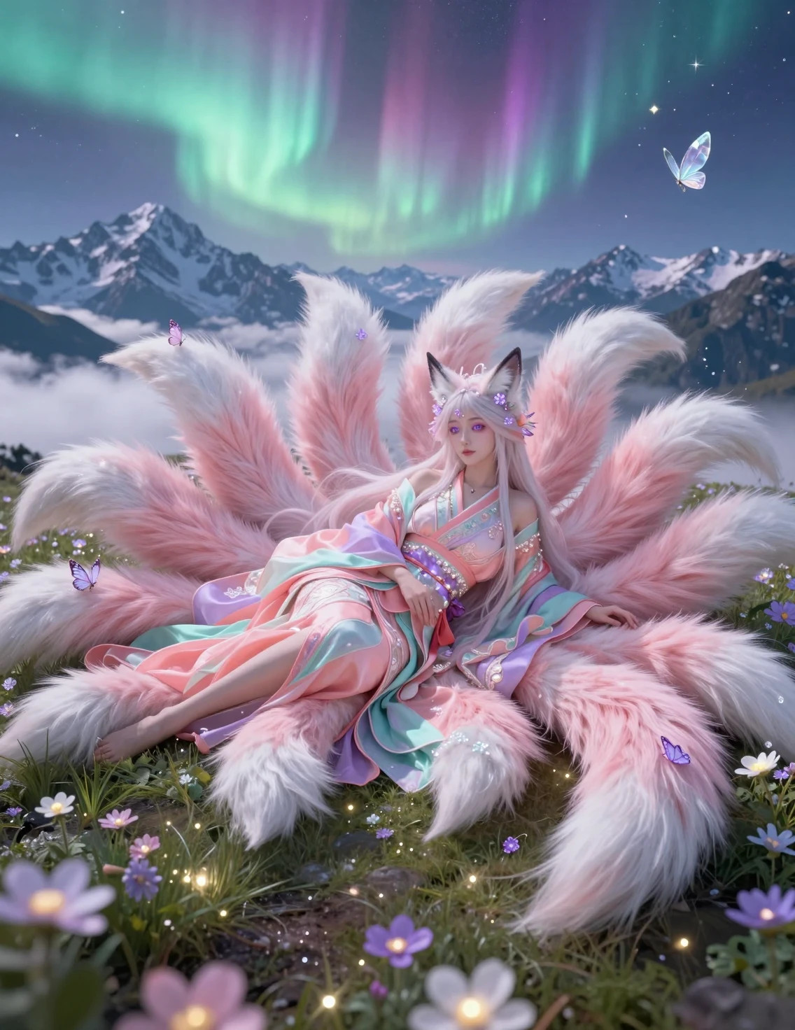 Ethereal fox goddess resting in glowing mountain flowers