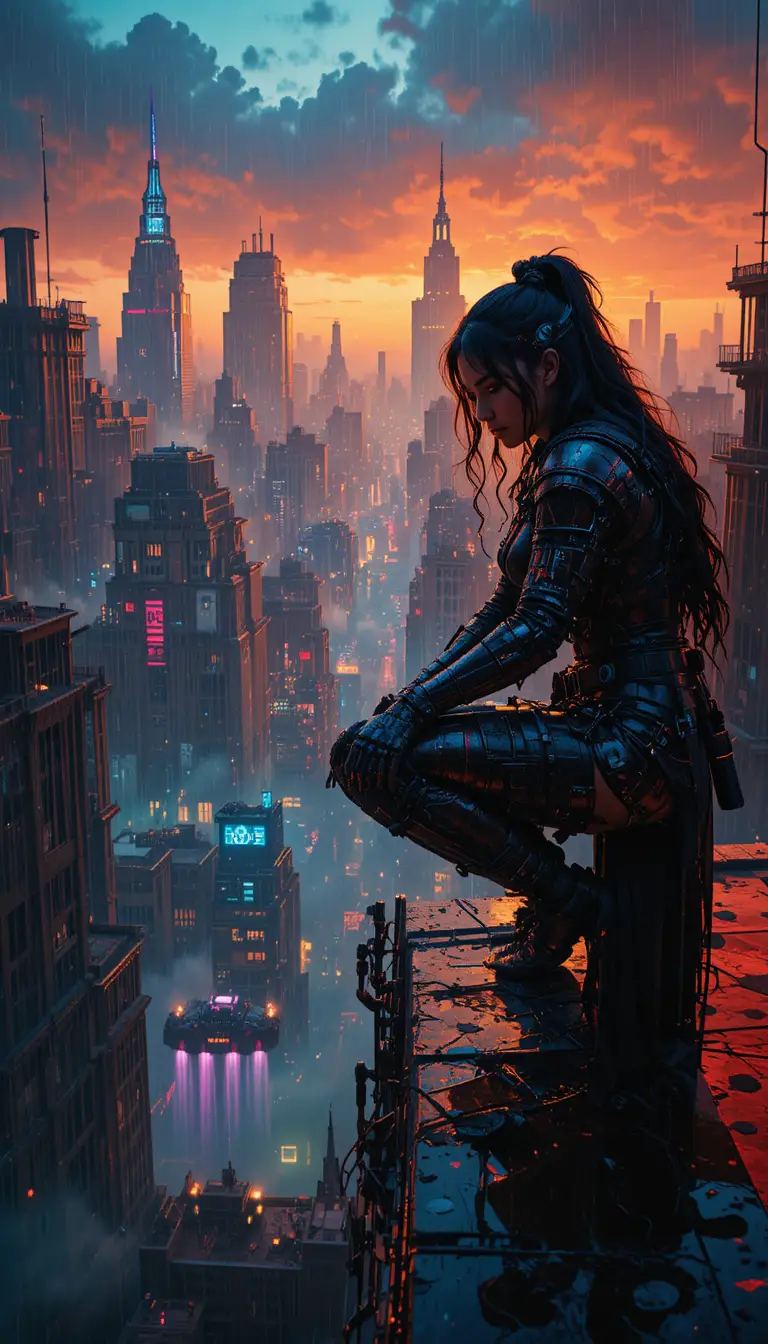 Female warrior on neon rooftop above steampunk city