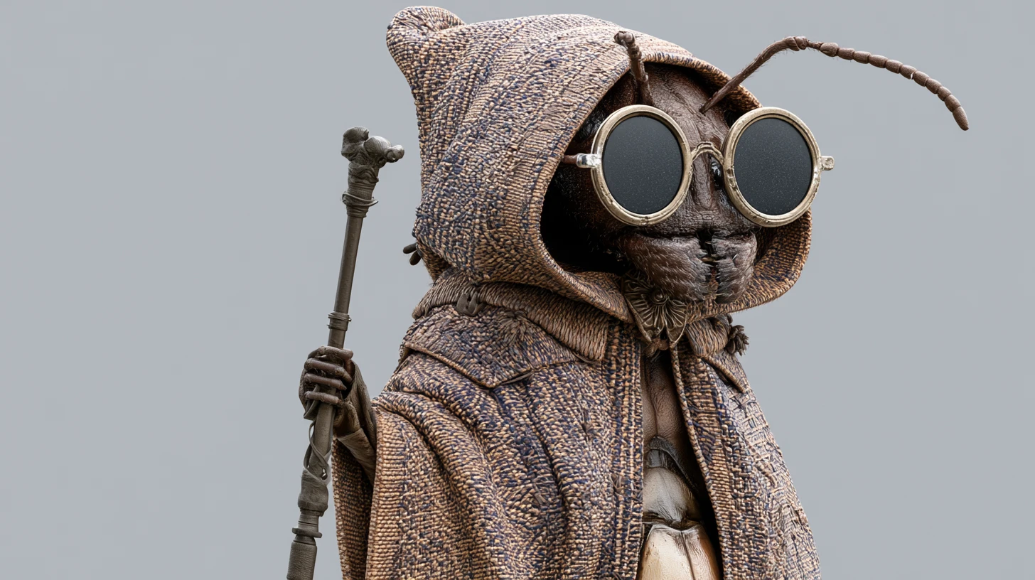 Sorcier fourmi sage en cape avec bâton sur fond gris