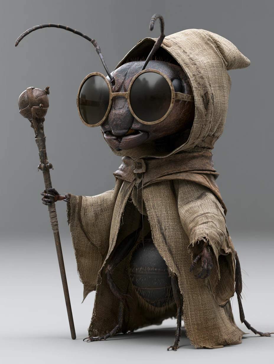 Wise ant humanoid wizard in cloak holding a staff