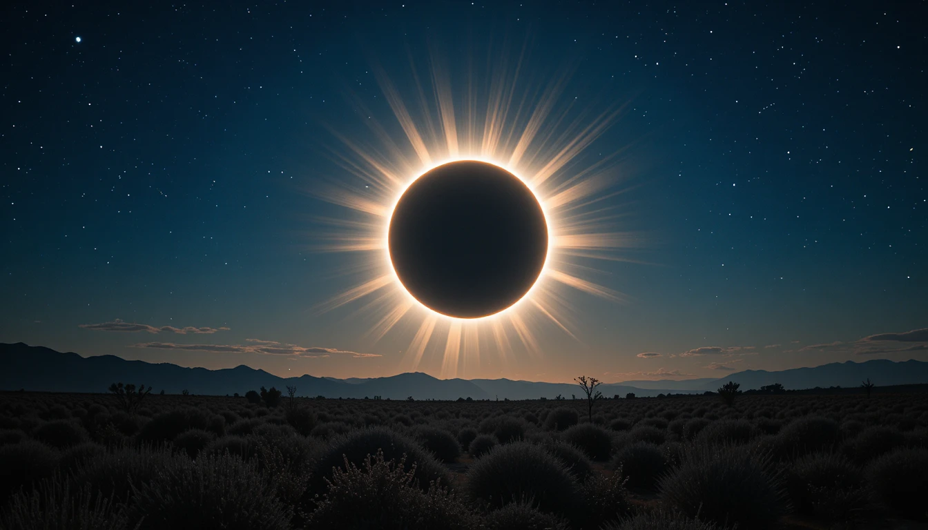 Eclipse solar total con corona luminosa sobre un paisaje oscuro