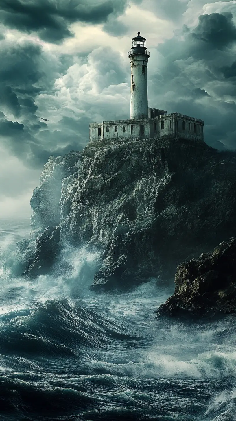 暴風海浪環繞在崎嶇懸崖上的惡魔島燈塔