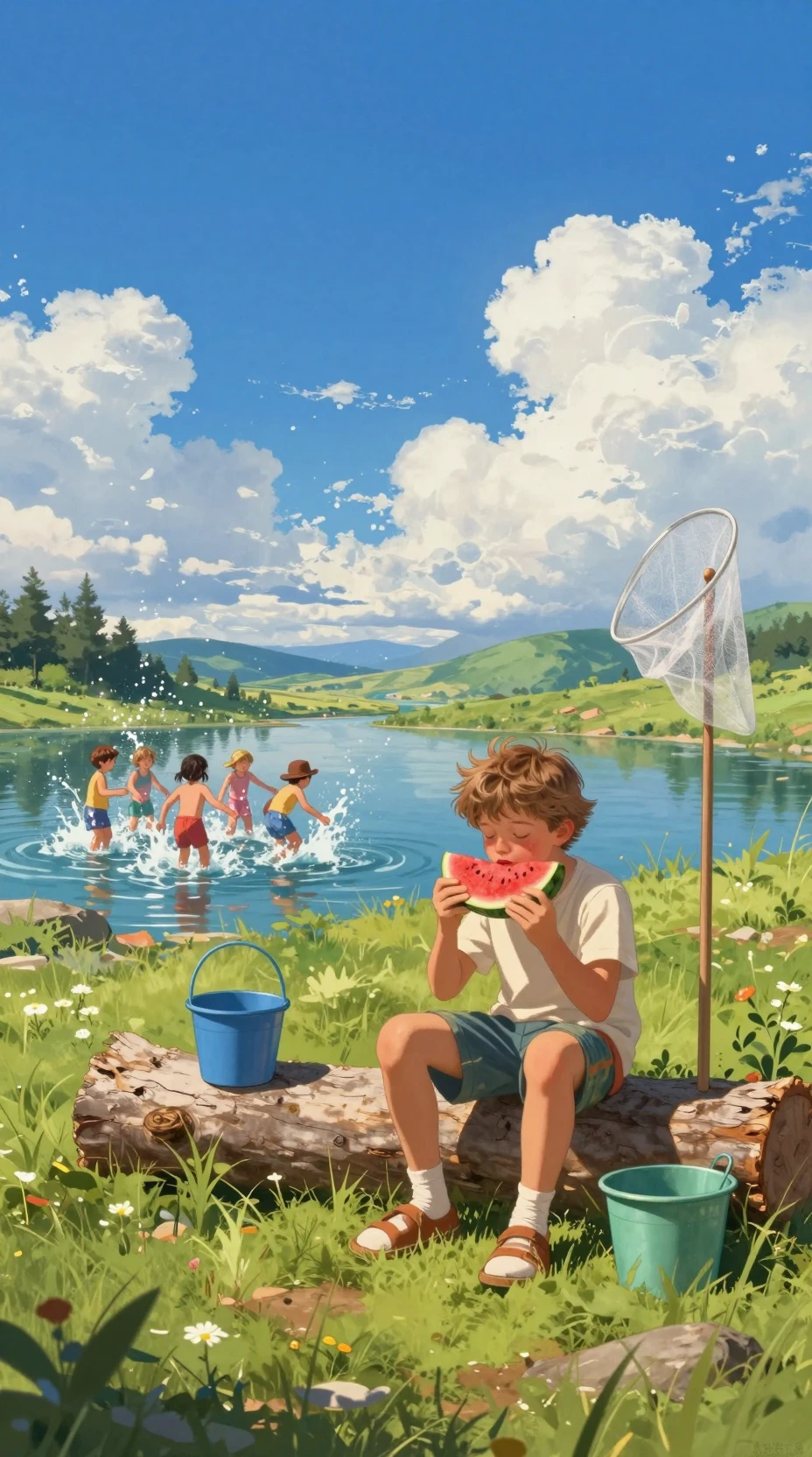 Menino comendo melancia à beira de um lago ensolarado