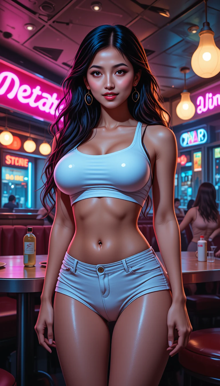 Femme d’anime en sous-vêtements blancs dans un diner rétro au néon