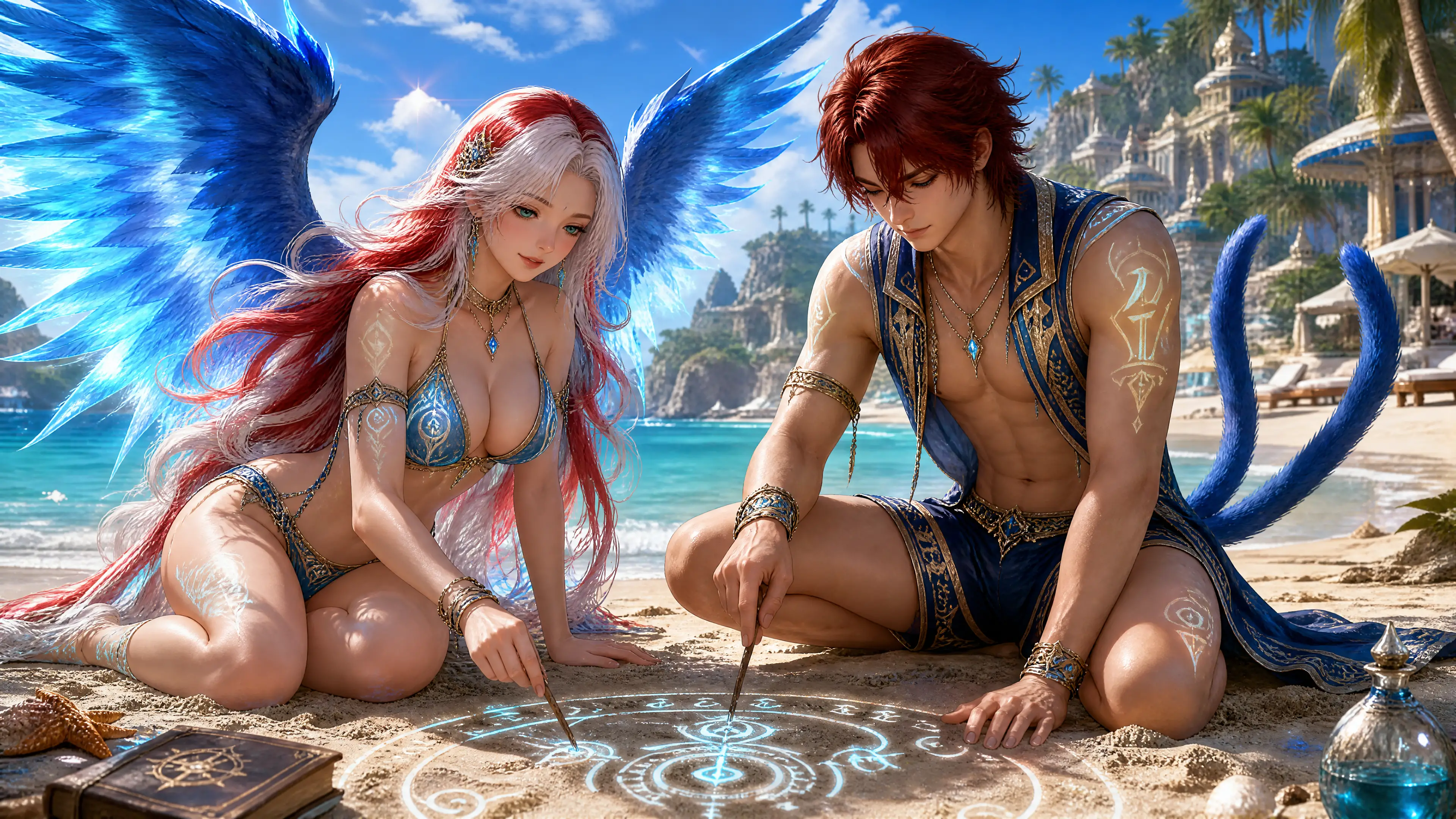熱帶海灘上刻畫魔法符文的奇幻情侶