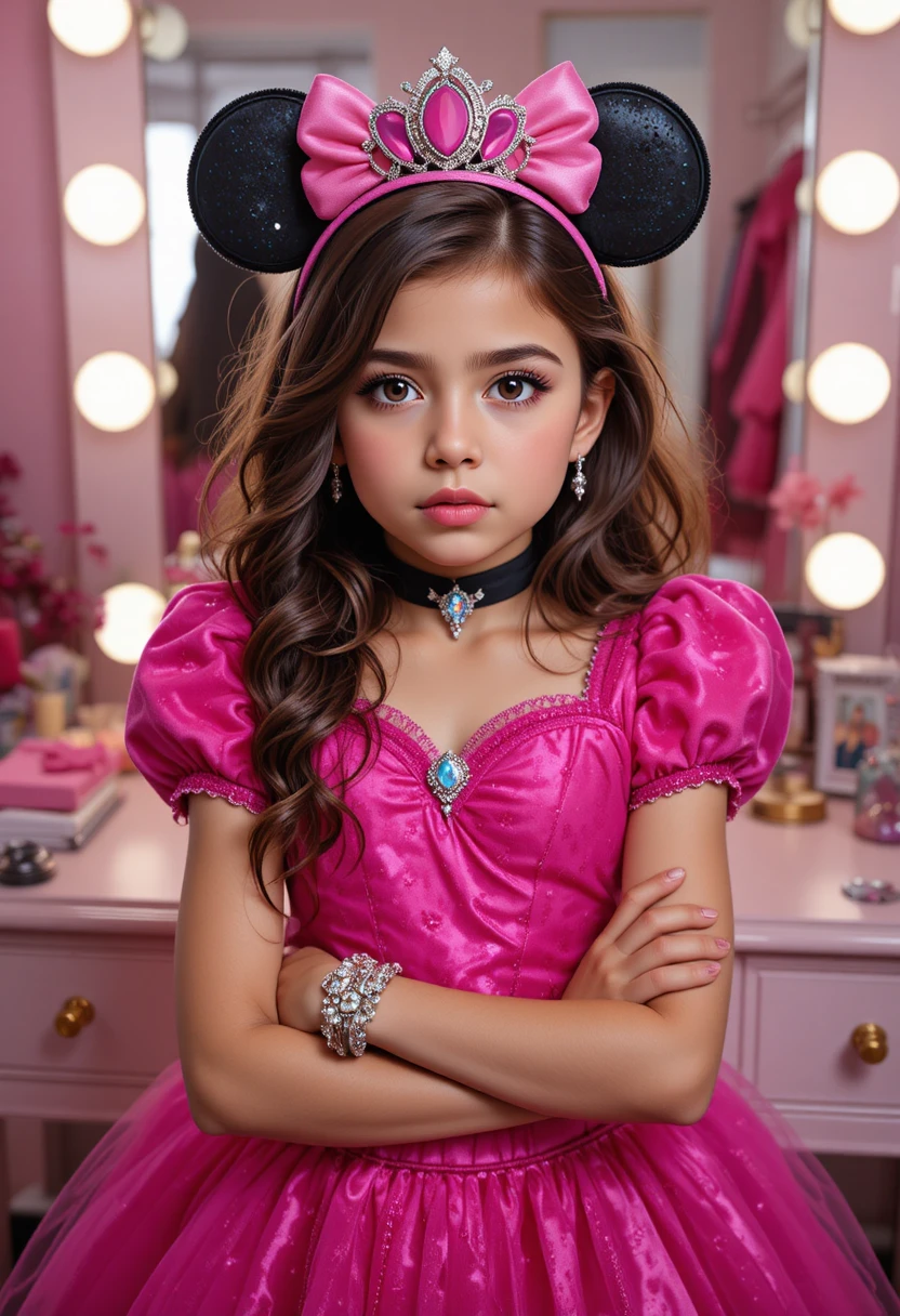 Menino pré-adolescente de princesa posando ao lado de penteadeira rosa